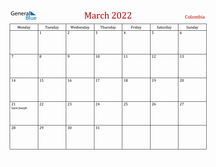 Colombia March 2022 Calendar - Monday Start