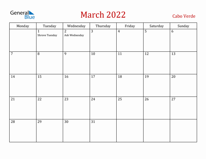 Cabo Verde March 2022 Calendar - Monday Start