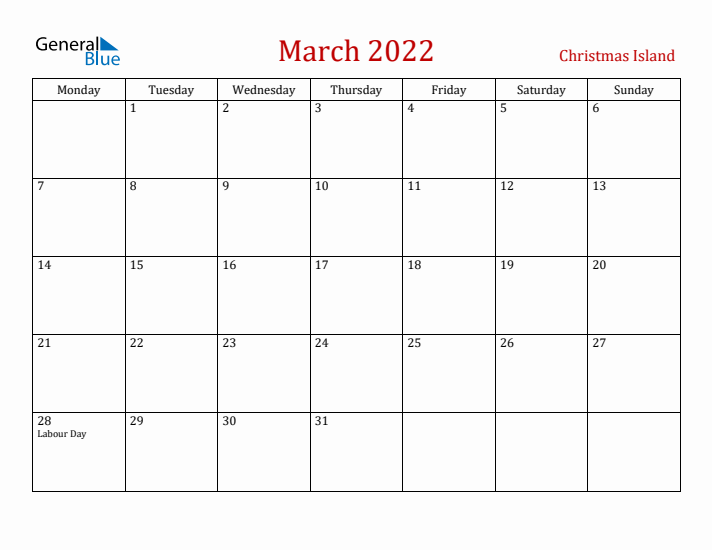 Christmas Island March 2022 Calendar - Monday Start