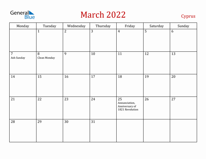 Cyprus March 2022 Calendar - Monday Start