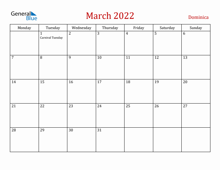 Dominica March 2022 Calendar - Monday Start