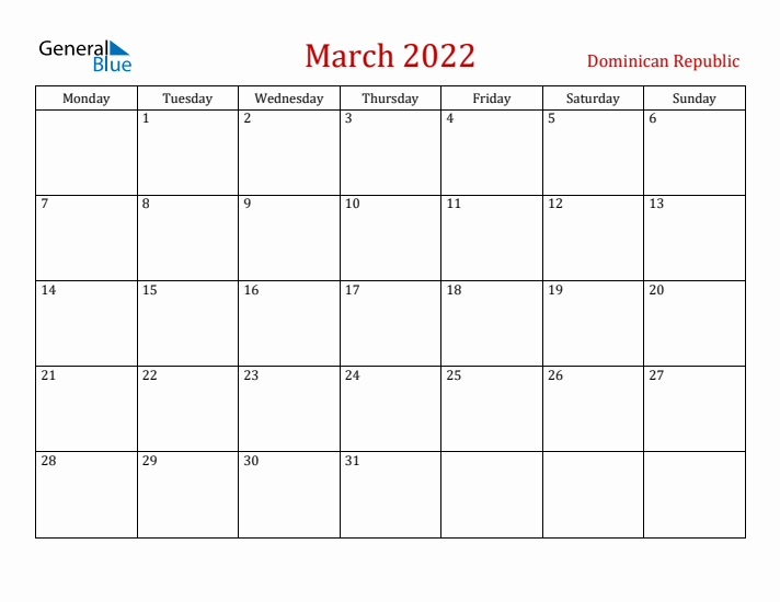 Dominican Republic March 2022 Calendar - Monday Start
