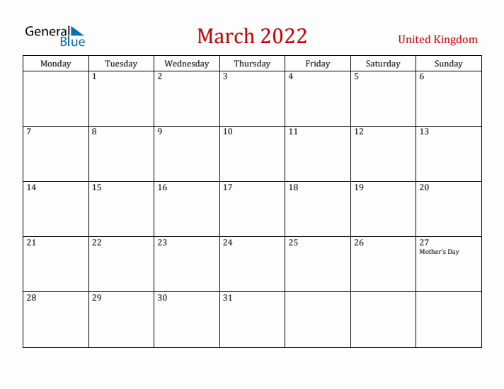 United Kingdom March 2022 Calendar - Monday Start
