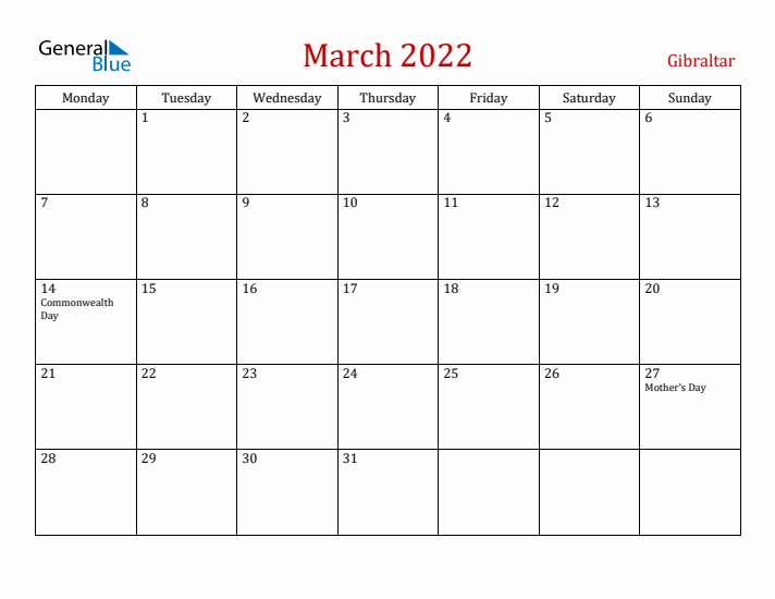 Gibraltar March 2022 Calendar - Monday Start