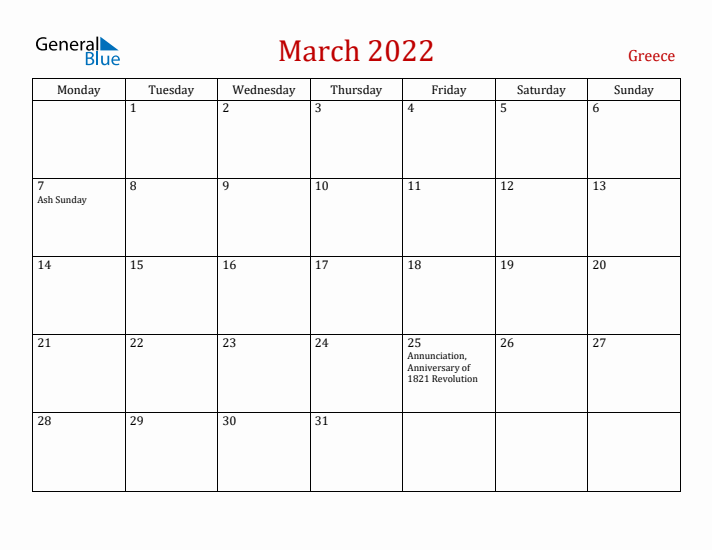 Greece March 2022 Calendar - Monday Start