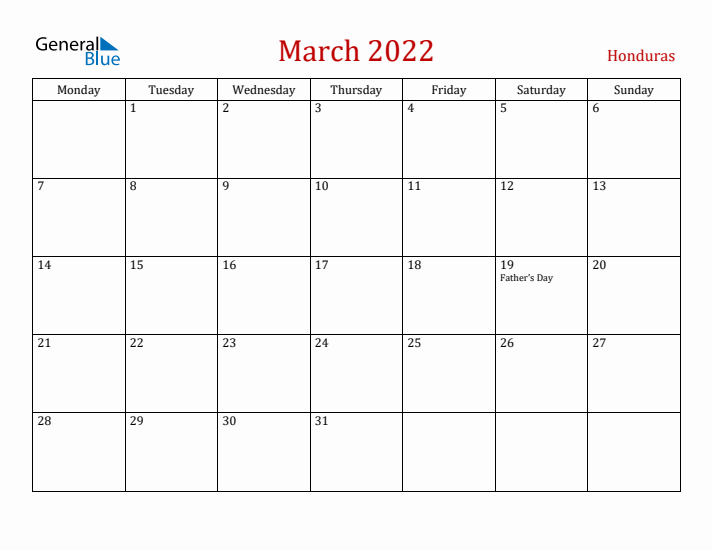 Honduras March 2022 Calendar - Monday Start