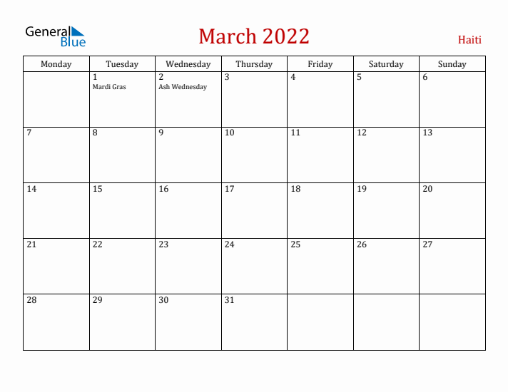 Haiti March 2022 Calendar - Monday Start