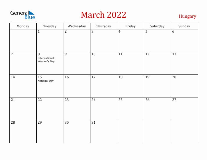 Hungary March 2022 Calendar - Monday Start