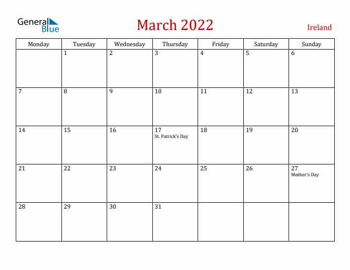 Ireland March 2022 Calendar - Monday Start