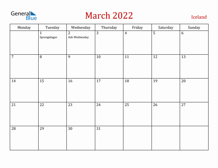 Iceland March 2022 Calendar - Monday Start