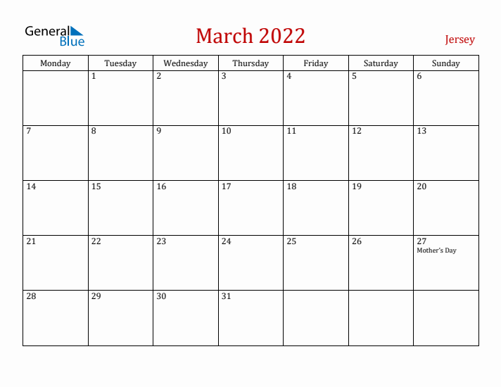Jersey March 2022 Calendar - Monday Start