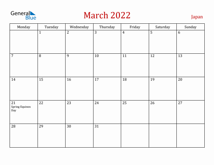 Japan March 2022 Calendar - Monday Start