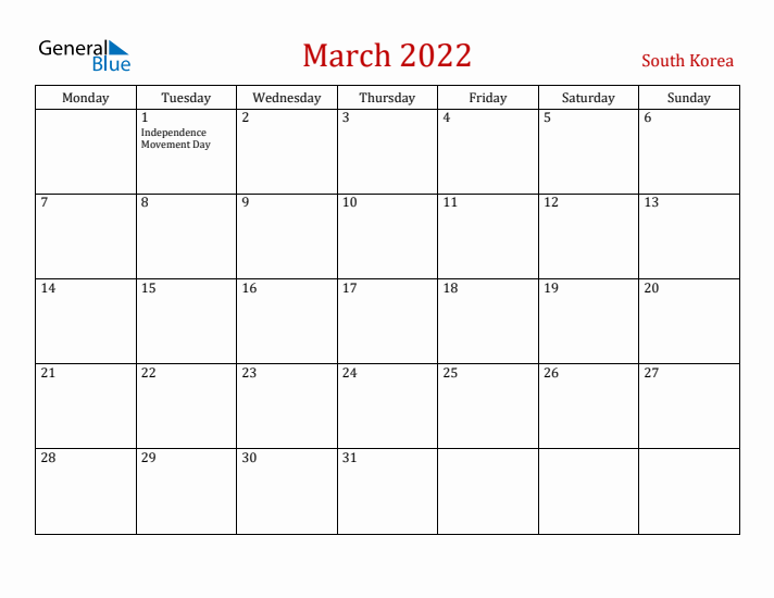 South Korea March 2022 Calendar - Monday Start