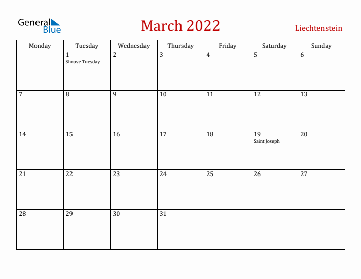 Liechtenstein March 2022 Calendar - Monday Start