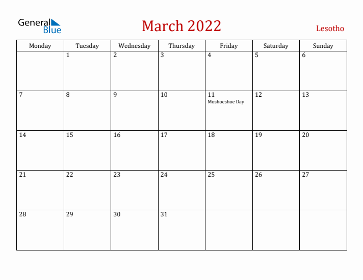 Lesotho March 2022 Calendar - Monday Start