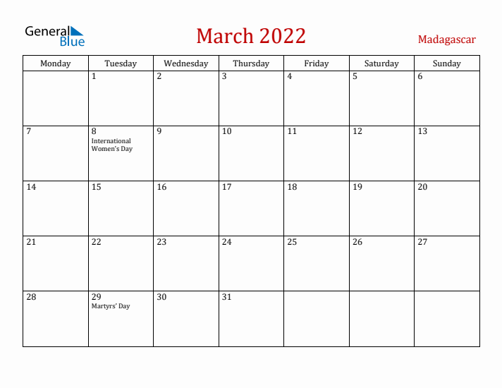 Madagascar March 2022 Calendar - Monday Start
