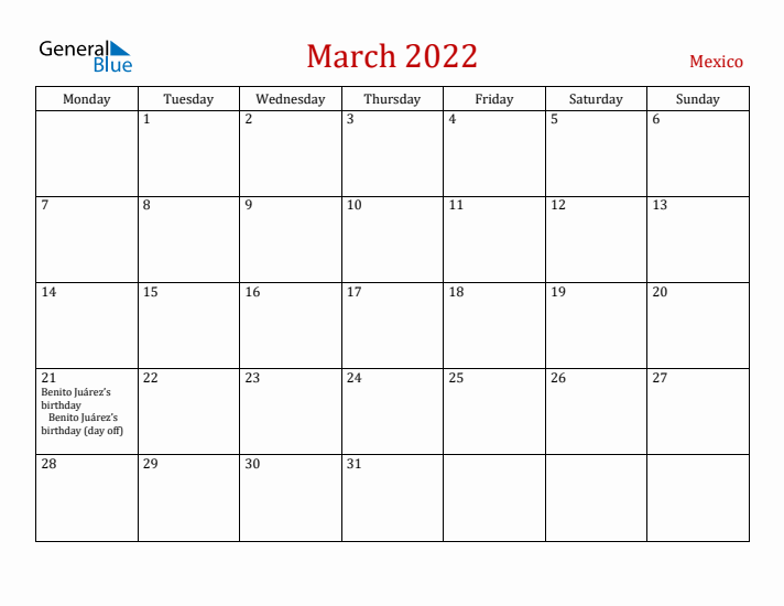Mexico March 2022 Calendar - Monday Start