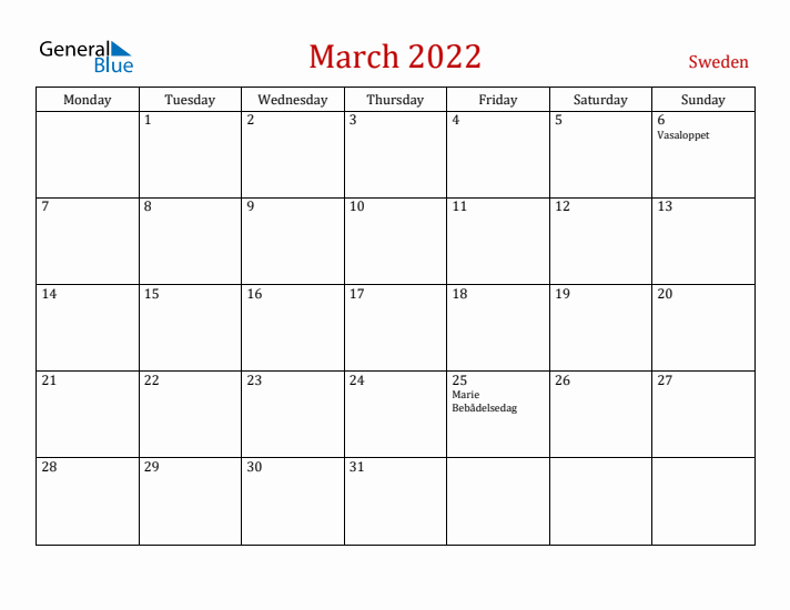 Sweden March 2022 Calendar - Monday Start