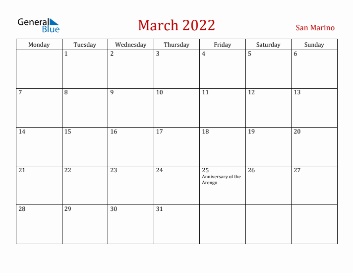 San Marino March 2022 Calendar - Monday Start