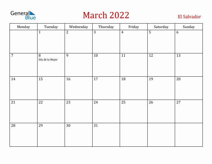 El Salvador March 2022 Calendar - Monday Start