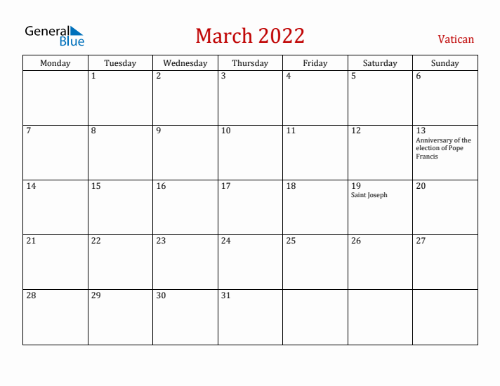 Vatican March 2022 Calendar - Monday Start