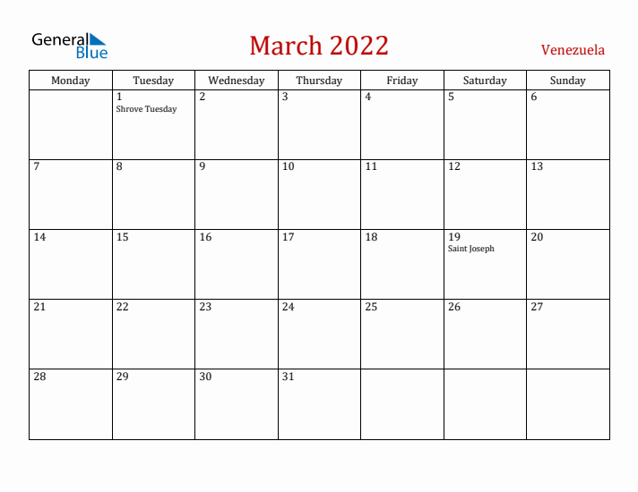 Venezuela March 2022 Calendar - Monday Start