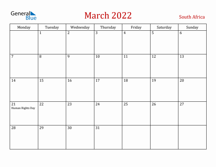 South Africa March 2022 Calendar - Monday Start
