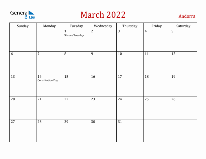 Andorra March 2022 Calendar - Sunday Start