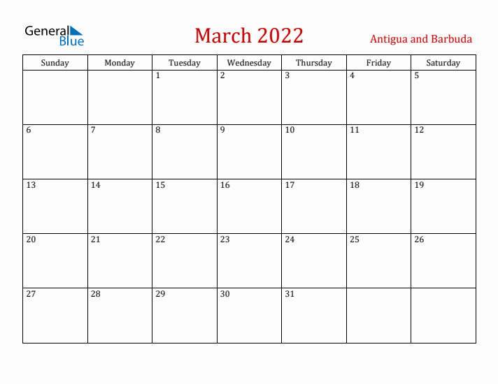 Antigua and Barbuda March 2022 Calendar - Sunday Start