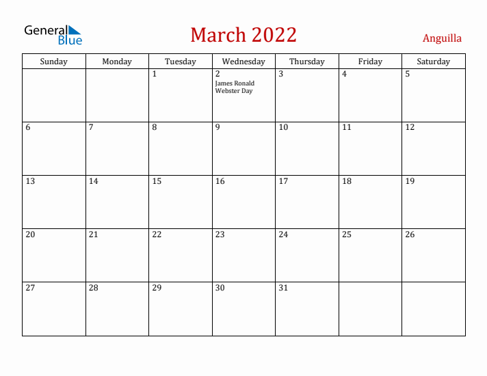 Anguilla March 2022 Calendar - Sunday Start