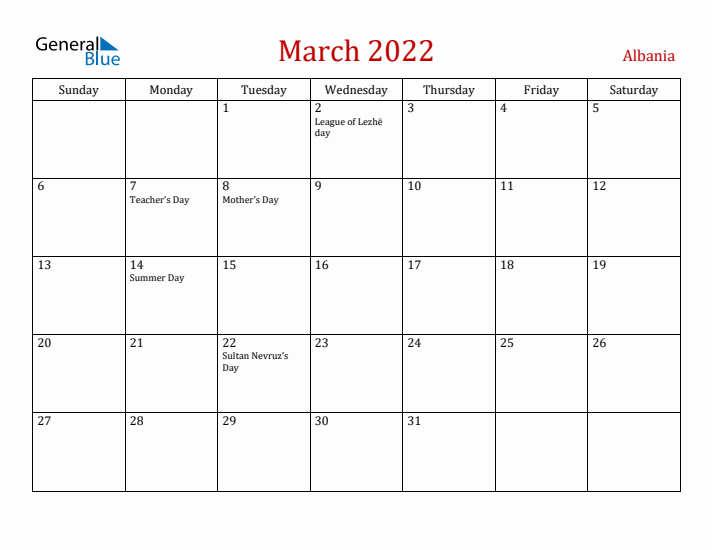 Albania March 2022 Calendar - Sunday Start