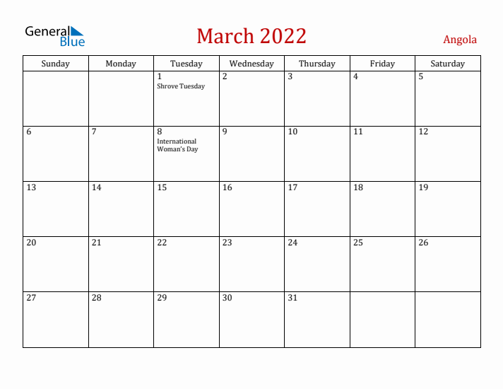 Angola March 2022 Calendar - Sunday Start