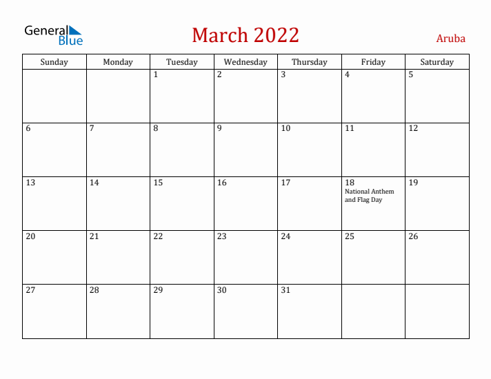 Aruba March 2022 Calendar - Sunday Start