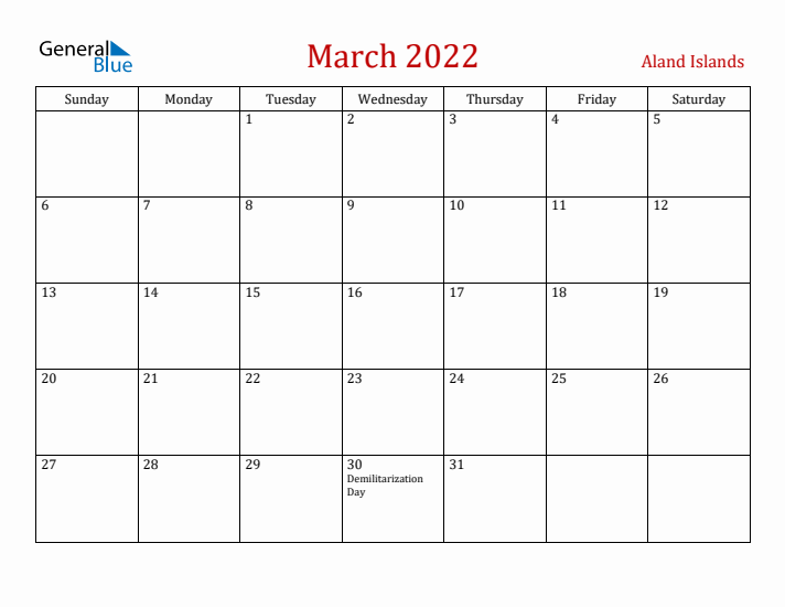 Aland Islands March 2022 Calendar - Sunday Start