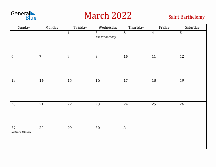 Saint Barthelemy March 2022 Calendar - Sunday Start