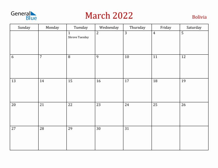 Bolivia March 2022 Calendar - Sunday Start