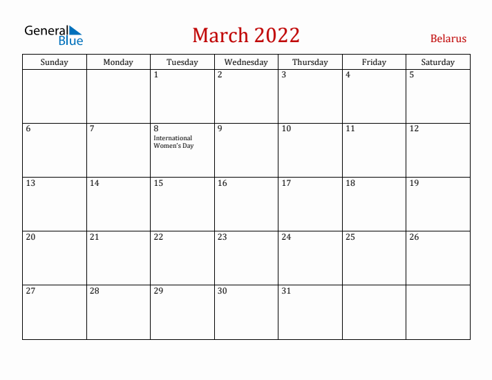 Belarus March 2022 Calendar - Sunday Start