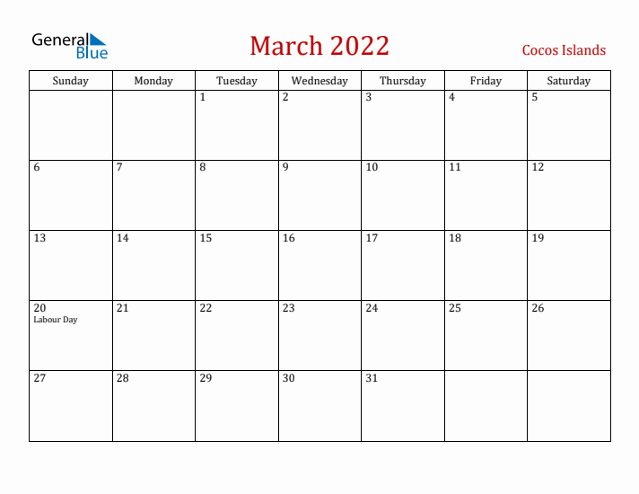Cocos Islands March 2022 Calendar - Sunday Start