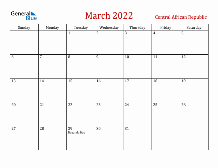 Central African Republic March 2022 Calendar - Sunday Start
