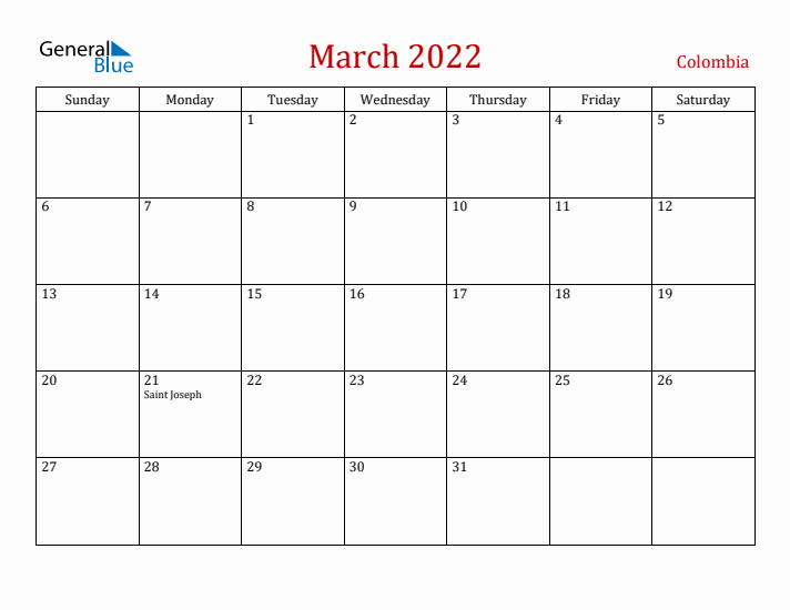 Colombia March 2022 Calendar - Sunday Start