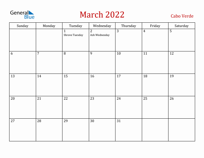 Cabo Verde March 2022 Calendar - Sunday Start