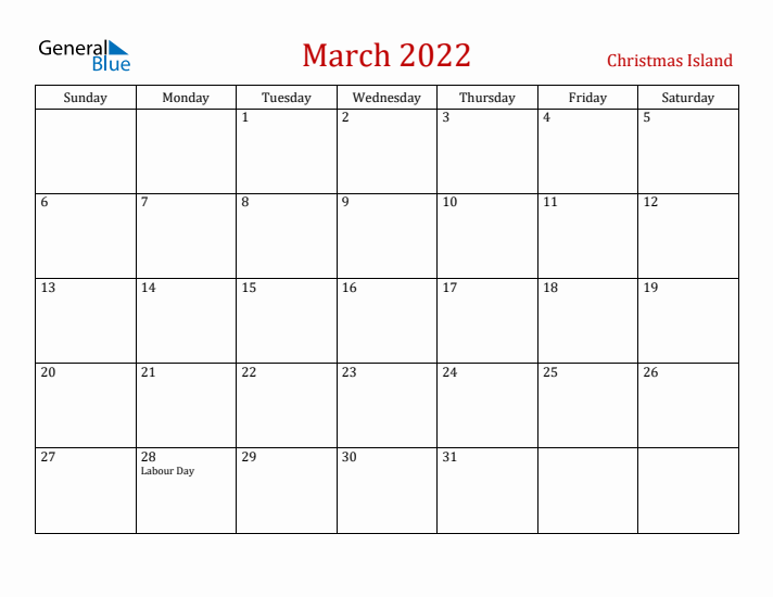 Christmas Island March 2022 Calendar - Sunday Start