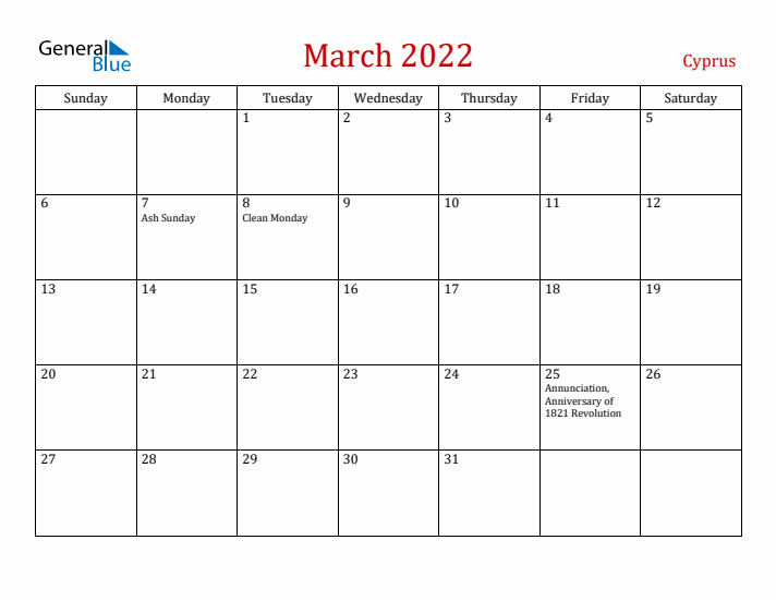 Cyprus March 2022 Calendar - Sunday Start