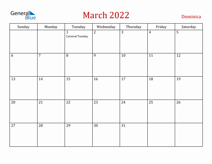 Dominica March 2022 Calendar - Sunday Start