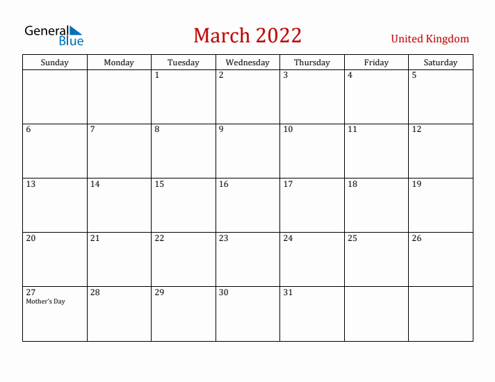 United Kingdom March 2022 Calendar - Sunday Start