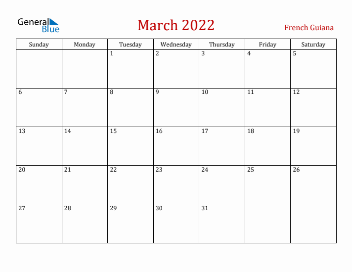 French Guiana March 2022 Calendar - Sunday Start