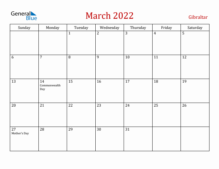 Gibraltar March 2022 Calendar - Sunday Start