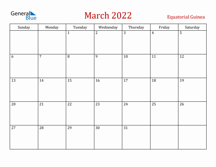 Equatorial Guinea March 2022 Calendar - Sunday Start