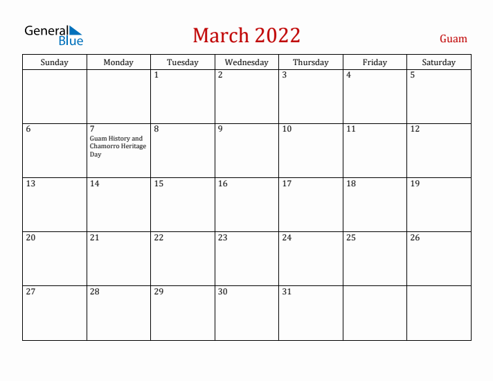 Guam March 2022 Calendar - Sunday Start