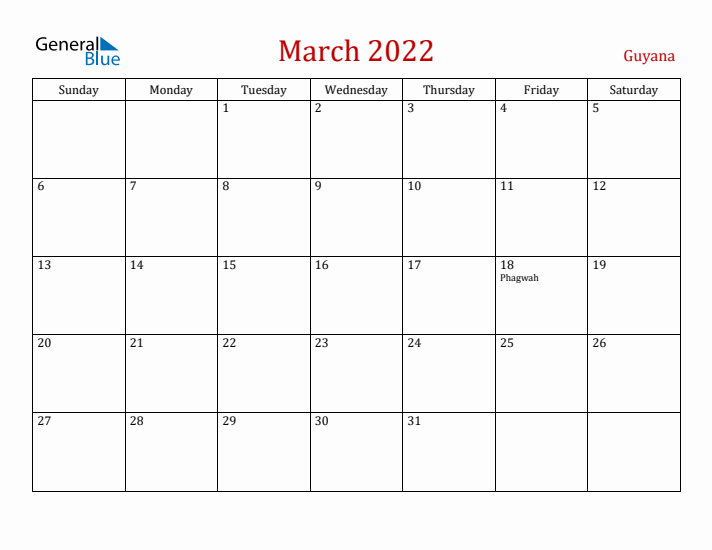 Guyana March 2022 Calendar - Sunday Start